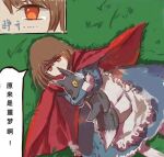  blue_clothing blue_dress brown_hair button_eyes canid canine canis chinese_text clothing dipstick_tail doll dress edit embrace female grass hair hug hugging_object human lying mammal markings matchstick on_back patch_(fabric) plant plushie red_cape red_eyes solo tail_markings text unknown_artist wolf 