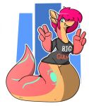 2018 4_ears anthro apode black_clothing clothing dogfluid double_v_sign draconcopode english_text female gesture green_body green_eyes hair hi_res lamia legless mint_body mint_eyes multi_ear multicolored_body pink_body pink_hair reptile scalie serpentine smile snake solo split_form tessa_(caste17) text thick_tail v_sign yellow_body 