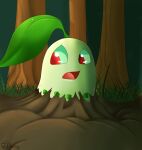  2018 ambiguous_gender chikorita feral forest generation_2_pokemon hi_res jimfoxx leaf leaf_hair looking_aside looking_worried mud nintendo open_mouth outside plant plant_hair pokemon pokemon_(species) pseudo_hair sink sinking solo stuck tongue tree video_games wide_eyed 