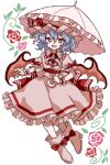  1girl bat_wings blue_hair flower furiba_794 hat holding holding_umbrella jewelry mob_cap parasol pink_flower pink_rose red_eyes red_flower red_rose remilia_scarlet rose solo touhou umbrella white_flower white_rose wings wrist_cuffs 