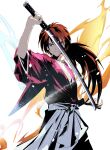  1boy blue_eyes cofffee cowboy_shot fire hair_between_eyes hakama himura_kenshin holding holding_sword holding_weapon japanese_clothes katana long_hair looking_at_viewer low_ponytail male_focus red_hair red_shirt rurouni_kenshin scar scar_on_cheek scar_on_face shirt solo sword weapon white_background white_hakama wide_sleeves 
