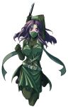  1girl bodysuit breasts commentary covered_navel daniel_fielding english_commentary full_body green_bodysuit green_skirt impossible_bodysuit impossible_clothes knife large_breasts mask mouth_mask ninja original purple_eyes purple_hair reverse_grip skirt solo white_background 