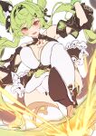  1girl ai-chan_(chrono_navi)_(honkai_impact) ai-chan_(honkai_impact) bare_shoulders blush boots bracelet breast_tattoo breasts cleavage detached_sleeves fire flame green_hair hair_between_eyes hairband high_heel_boots high_heels highres honkai_(series) honkai_impact_3rd jewelry large_breasts long_hair open_mouth orange_eyes simple_background smile solo tattoo white_background xfate 