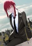  1girl black_jacket black_necktie black_pants braid braided_ponytail business_suit chainsaw_man closed_mouth collared_shirt formal graveyard highres jacket long_sleeves looking_at_viewer makima_(chainsaw_man) matsu_homura necktie open_clothes open_jacket pants red_hair shirt sky smile solo suit tombstone yellow_eyes 