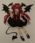  1girl bat_wings black_dress black_footwear collared_shirt commentary demon_tail dress frilled_dress frills full_body furiba_794 hand_up head_wings highres koakuma long_hair long_sleeves marker_(medium) mary_janes necktie open_mouth photoshop_(medium) pointy_ears red_eyes red_hair red_necktie shirt shoes smile socks solo tail touhou traditional_media white_shirt white_socks wings 