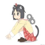  1girl absurdres akabeco_yukko animal_ears animal_on_head black_hair brown_eyes cat cat_ears cat_on_head highres nichijou on_head red_skirt robot sakamoto_(nichijou) school_uniform shinonome_nano short_hair skirt socks squatting twitter_username white_background white_socks winding_key 