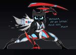  2022 anthro ariochai bellabot black_body blue_body cape carrefour clothing dialogue domestic_cat felid feline felis fighting_pose front_view hi_res kerfus logo looking_at_viewer male mammal melee_weapon open_mouth polish_text pose pudu_robotics red_body screen screen_face signature solo spread_legs spreading text torn_clothing translated weapon white_body 