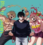  1girl 2boys black_hair blonde_hair blue_background chainsaw_man cross-shaped_pupils denji_(chainsaw_man) hair_between_eyes hayakawa_aki highres holding holding_leash holding_spoon horns jam leash light_blue_background long_hair looking_at_viewer messy multiple_boys open_mouth peanut_butter pink_shirt power_(chainsaw_man) red_horns sharp_teeth shirt short_hair simple_background spoon strawberry_jam sweat sweater teeth tina_fate topknot topless topless_male 