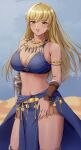  1girl absurdres alternate_costume amayo_thranana armlet bangs bare_arms bare_shoulders blonde_hair breasts cleavage commentary commission cowboy_shot crop_top feathers fire_emblem fire_emblem:_the_binding_blade highres igrene_(fire_emblem) jewelry large_breasts midriff mole mole_under_eye navel necklace solo standing stomach thighs yellow_eyes 