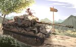  1girl artist_name blonde_hair camouflage dated dress flandre_scarlet ground_vehicle gun headset highres machine_gun mg34 military military_vehicle motor_vehicle mountain pzgr.40 red_dress road_sign short_hair sign sitting sitting_on_object sky solo tank tiger_i touhou tree weapon white_headwear 