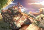  1girl artist_name bat_wings camouflage dated dress english_text fence ground_vehicle headset highres military military_vehicle motor_vehicle panzerkampfwagen_panther pointing pzgr.40 remilia_scarlet scarlet_devil_mansion solo standing_on_object tank touhou tree white_dress white_headwear wings wooden_fence 