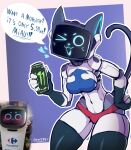  &lt;3 2022 anthro bellabot beverage_can breasts carrefour clothing dialogue dinkdiddly domestic_cat felid feline felis female front_view hi_res holding_object kerfus legwear logo looking_at_viewer mammal monster_energy one_eye_closed open_mouth outline pudu_robotics screen screen_face signature solo speech_bubble thigh_highs underwear white_body white_outline wink winking_at_viewer 