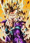  1boy angry battle_damage blonde_hair clenched_hands debris dragon_ball dragon_ball_z electricity green_eyes highres looking_at_viewer male_focus multiple_views open_mouth son_gohan spiked_hair super_saiyan super_saiyan_1 super_saiyan_2 tears torn_clothes transformation youngjijii 