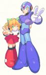  1boy 1girl android arm_around_waist armor blonde_hair boots closed_mouth commentary dress frilled_dress frills full_body gloves green_eyes green_ribbon hair_ribbon helmet high_ponytail highres inkerton-kun looking_at_viewer mega_man_(classic) mega_man_(series) mega_man_x_(character) mega_man_x_(series) one_eye_closed ponytail red_dress ribbon robot roll_(mega_man) smile symbol-only_commentary v white_gloves 