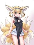  1girl :o absurdres animal_ears arknights bare_arms bare_shoulders black_dress blonde_hair blue_archive braid breasts cleavage_cutout clothing_cutout commentary cosplay covered_navel dress fox_ears fox_girl fox_tail gradient gradient_background hair_rings highres kokona_(blue_archive) kokona_(blue_archive)_(cosplay) kyuubi layered_skirt multicolored_hair multiple_tails parted_lips pelvic_curtain pink_background pleated_skirt rylaera skirt small_breasts solo striped striped_dress suzuran_(arknights) tail twin_braids two-tone_hair vertical-striped_dress vertical_stripes white_background white_hair white_skirt 