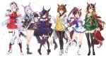  6+girls :d agnes_tachyon_(umamusume) animal_ears animal_on_hand bangs bare_shoulders black_footwear black_hair black_jacket black_pantyhose black_skirt black_thighhighs blue_bow blue_dress blue_eyes blue_socks blush boots bow breasts brown_hair brown_headwear bug butterfly closed_mouth collarbone commentary_request dress ear_bow ear_covers ear_ribbon epaulettes eyewear_removed frilled_jacket frilled_skirt frills gloves gold_ship_(umamusume) green_jacket green_ribbon green_skirt grey_hair grin hair_between_eyes hair_over_one_eye hair_ribbon hand_on_hip hand_up hat highres holding holding_eyewear horse_ears horse_girl horse_tail jacket juna knee_boots labcoat long_sleeves looking_at_viewer medium_breasts mejiro_mcqueen_(umamusume) mini_hat multicolored_hair multiple_girls off-shoulder_dress off_shoulder open_clothes outstretched_arm pantyhose pink_ribbon pleated_skirt ponytail purple_eyes purple_hair purple_thighhighs red_dress red_eyes ribbon rice_shower_(umamusume) shoes simple_background single_epaulette skirt sleeveless sleeveless_dress sleeves_past_fingers sleeves_past_wrists small_breasts smile socks standing standing_on_one_leg streaked_hair sunglasses sweater_vest swept_bangs symboli_rudolf_(umamusume) tail thighhighs tokai_teio_(umamusume) two-tone_hair umamusume v vial white_background white_footwear white_gloves white_hair white_pantyhose 