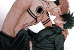  2boys arm_grab bangs black_hair black_nails black_pants blush buttons chest_tattoo commentary_request crying evil_smile extra_eyes eyelashes face-to-face facial_tattoo fushiguro_megumi fushirun_rung green_eyes hand_on_another&#039;s_neck high_collar highres jacket jujutsu_kaisen korean_commentary long_sleeves looking_at_another male_focus multiple_boys muscular muscular_male pants pink_hair red_eyes ryoumen_sukuna_(jujutsu_kaisen) short_hair shoulder_tattoo smile spiked_hair tattoo topless_male undercut yaoi 