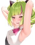  1girl ahoge animal_ears armpits arms_up bangs blush cat_ears collared_shirt delruki delutaya diagonal_bangs eyelashes fake_animal_ears fang green_hair hair_ornament hairclip head_tilt highres hoshi_usagi indie_virtual_youtuber looking_at_viewer medium_hair multicolored_hair neckerchief open_mouth orange_eyes pink_hair pink_neckerchief shiny shiny_hair shiny_skin shirt sidelocks simple_background sleeveless sleeveless_shirt solo streaked_hair sweatdrop triangle_hair_ornament upper_body virtual_youtuber white_background white_shirt 