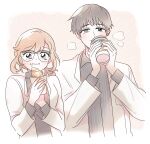  1boy 1girl bangs blush breasts brown_hair character_request closed_mouth coffee_cup commentary croissant cup disposable_cup eating eoduun_badaui_deungbul-i_doeeo food glasses grey_eyes grey_hair grey_shirt holding holding_cup holding_food jacket long_hair long_sleeves looking_at_viewer rql2020 shirt short_hair simple_background striped striped_shirt symbol-only_commentary upper_body vertical-striped_shirt vertical_stripes white_background white_jacket 