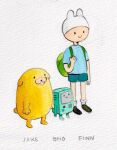  adventure_time bag black_footwear blue_pants blue_shirt bmo bulldog buttons cartoon_network closed_mouth finn_the_human game_console green_bag hat heikala jake_the_dog open_mouth pants robot shirt simple_background white_background white_footwear white_headwear yellow_fur 