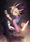  1boy black_footwear black_hair black_pants bliss_(ferment_factory) blonde_hair blue_vest card commentary crossed_legs cup dark_magician duel_monster english_commentary from_behind highres holding holding_card holding_cup indoors kuriboh long_hair long_sleeves male_focus multicolored_hair mutou_yuugi pants pink_shirt purple_eyes red_hair shirt sitting solo spiked_hair vest yu-gi-oh! 
