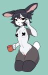  anthro areola black_clothing black_eyes black_hair black_legwear black_thigh_highs breasts clothed clothing colored container crotch_tuft cup female flat_colors fur genitals grey_body grey_fur hair hi_res holding_cup holding_object lagomorph legwear leporid mammal mostly_nude nat_(vesperinox) navel pasties plump_labia portrait pussy rabbit short_hair simple_background small_breasts solo standing thigh_highs three-quarter_portrait tuft vesperinox white_body white_fur 