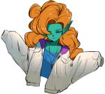  1girl blue_eyes blue_skin closed_mouth collarbone colored_skin curly_hair dragon_ball dragon_ball_z earrings hair_over_one_eye jewelry long_hair looking_at_viewer mityubi necklace orange_hair pointy_ears simple_background sleeves_past_wrists smile solo very_long_hair white_background zangya 