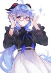  1girl absurdres adjusting_eyewear ahoge black_bow black_bowtie black_shirt blue_hair bow bowtie bracelet dress_shirt floating_hair ganyu_(genshin_impact) genshin_impact glasses hair_intakes highres horns jewelry long_hair looking_at_viewer nogi_(nokisaki) open_mouth red-framed_eyewear semi-rimless_eyewear shirt skirt solo standing twitter_username under-rim_eyewear very_long_hair white_background white_skirt 