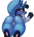  anthro anus blue_body blue_fur blush butt canid canine clothing cream.pup digital_media_(artwork) female fur generation_4_pokemon genitals hi_res looking_at_viewer looking_back lucario mammal nintendo pokemon pokemon_(species) pussy red_eyes simple_background solo video_games 