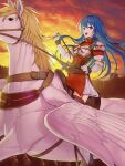  1girl :d absurdres armor blue_eyes blue_hair boots breastplate caeda_(fire_emblem) cloud cloudy_sky commission dress fire_emblem fire_emblem:_mystery_of_the_emblem highres holding holding_reins horseback_riding long_hair looking_at_viewer open_mouth pauldrons pegasus pegasus_knight_uniform_(fire_emblem) red_dress reins riding saddle short_dress shoulder_armor skeb_commission sky smile solo souto_(0401) thigh_boots twilight white_footwear zettai_ryouiki 
