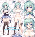  1girl :d :o ameto_yuki arm_up ass_visible_through_thighs bangs barefoot bed_sheet black_thighhighs black_vest blue_bow blue_bra blue_eyes blue_panties blue_skirt blush bokura_no_houkago_sensou! bow bow_bra bow_panties bra bra_pull braid breasts censored character_request clothes_pull collared_shirt commentary_request dakimakura_(medium) dress_shirt frilled_bra frilled_panties frills green_bow green_hair groin hair_between_eyes hair_ornament hairclip heart heart_censor highres long_sleeves looking_at_viewer lying medium_breasts multiple_views no_shoes on_back open_clothes open_shirt panties panties_around_one_leg parted_lips pleated_skirt puffy_long_sleeves puffy_sleeves sample_watermark school_uniform shirt single_hair_intake single_thighhigh skirt skirt_removed smile thighhigh_removed thighhighs translation_request twin_braids twintails underwear vest white_shirt 