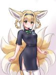  1girl :o absurdres animal_ear_fluff animal_ears arknights bangs black_dress blonde_hair blue_archive blue_hairband blush bow braid breasts cosplay dress fox_ears fox_girl fox_tail gradient gradient_background green_bow green_eyes hair_between_eyes hair_rings hairband highres kyuubi looking_at_viewer multicolored_hair multiple_tails parted_lips pink_background rylaera short_sleeves shun_(blue_archive) shun_(blue_archive)_(cosplay) small_breasts solo standing suzuran_(arknights) tail thighhighs twin_braids two-tone_hair white_background white_hair white_thighhighs 
