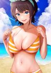  1girl :d bangs beach bikini black_hair blue_eyes blue_sky breasts cleavage clothes_pull cloud commentary_request day hair_ribbon hego_0102 highres hololive large_breasts looking_at_viewer navel ocean oozora_subaru open_mouth orange_bikini outdoors ribbon sky smile solo stomach striped striped_bikini sunlight swimsuit swimsuit_pull teeth upper_body upper_teeth wet 