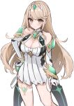  1girl bangs bare_shoulders blonde_hair breasts chest_jewel circlet cleavage cleavage_cutout closed_mouth clothing_cutout dress earrings elbow_gloves etoria gloves highres jewelry long_hair looking_at_viewer mythra_(xenoblade) simple_background solo swept_bangs white_background white_dress white_gloves xenoblade_chronicles_(series) xenoblade_chronicles_2 yellow_eyes 