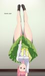  1girl arm_support asobi_night black_footwear blue_eyes blush breasts clothes_around_waist collarbone covering covering_crotch go-toubun_no_hanayome green_skirt handstand highres long_sleeves looking_at_viewer lycoris_challenge_(meme) lycoris_recoil medium_breasts meme nakano_ichika parody pink_hair pout scene_reference school_uniform shirt short_hair skirt solo sweater sweater_around_waist thick_thighs thighs twitter_username upside-down white_shirt yellow_sweater 