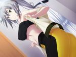  1girl bangs bare_arms black_bandeau black_pants breasts closed_mouth from_below game_cg green_eyes grey_hair groin hair_between_eyes hair_ornament hair_scrunchie hug indoors kawagishi_keitarou long_hair maji_de_watashi_ni_koi_shinasai! medium_breasts midriff pants ponytail red_scrunchie scrunchie solo stomach tachibana_takae two-tone_pants undressing yellow_pants 