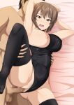  1boy 1girl armpits arms_up bangs bed_sheet black_leotard black_thighhighs breasts brown_eyes brown_hair clothing_aside covered_nipples embarrassed girls_und_panzer hetero highleg highleg_leotard inoshira large_breasts leg_up leotard leotard_aside lying nipples nishizumi_maho one_breast_out open_mouth penis presenting_armpit pussy pussy_juice sex short_hair strapless strapless_leotard testicles thighhighs twitter_username vaginal 