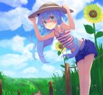  1girl bent_over blue_eyes blue_hair blush flower hair_ornament hat highres holding holding_clothes holding_hat long_hair looking_at_viewer mizkaua navel noel_(sora_no_method) outdoors shirt shorts sky smile sora_no_method sunflower 