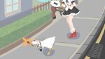  1girl bird black_skirt camera chasing commentary_request crossover fasnakegod frilled_skirt frills goose goose_(untitled_goose_game) hand_fan hat hauchiwa parody red_footwear shameimaru_aya shirt skirt style_parody theft tokin_hat touhou untitled_goose_game white_shirt 