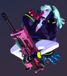  1girl aqua_hair black_background black_footwear black_jacket closed_mouth cyberpunk_(series) cyberpunk_edgerunners feguimel finger_to_mouth gun highres jacket legs looking_at_viewer mechanical_arms rebecca_(cyberpunk) red_eyes short_hair simple_background solo twintails weapon 