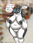  anthro areola bellabot belly big_breasts breasts domestic_cat felid feline felis female genitals hi_res machine mammal overweight overweight_anthro overweight_female oystercatcher7 pussy robot shopping_bag slightly_chubby solo thick_thighs 