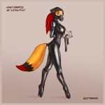  2022 absurd_res anthro biped black_collar black_corset canid canine clothing collar female fox gas_mask hi_res kinktober mammal mask quotermain rubber rubber_clothing rubber_suit standing submissive submissive_anthro submissive_female 