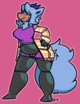  2018 anthro belly big_belly black_clothing blue_body blue_fur blue_hair blue_tail breasts brown_body canid canine clothing dogfluid female fur hair horn mammal solo white_clothing yellow_clothing yellow_eyes 