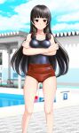  1girl absurdres black_hair black_one-piece_swimsuit blue_sky breasts buruma cleavage cloud competition_school_swimsuit crossed_arms day feet_out_of_frame gym_uniform hair_ribbon highres isokaze_(kancolle) kantai_collection long_hair looking_at_viewer medium_breasts outdoors pool poolside red_buruma red_eyes ribbon school_swimsuit sky solo starting_block swimsuit swimsuit_under_clothes takafumi tress_ribbon 