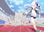  absurdres aimpoleume angel_wings azusa_(blue_archive) bangs blue_archive blue_sky crossed_bangs field halo highres jacket long_hair low_wings pink_eyes ponytail running running_track shirt sky stadium track_jacket white_hair white_shirt white_wings wings 