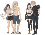  1boy 1girl armor bare_shoulders black_hair black_skirt black_thighhighs blonde_hair blue_eyes boots breasts cloud_strife couple crop_top detached_sleeves earrings final_fantasy final_fantasy_vii final_fantasy_vii_remake gloves hair_brush hair_dryer holding holding_hands jewelry large_breasts long_hair looking_at_another red_eyes red_footwear sandals shillo shorts shoulder_armor skirt sleeveless sleeveless_turtleneck spiked_hair suspender_skirt suspenders sweater tank_top thighhighs tifa_lockhart topless_male towel turtleneck turtleneck_sweater walking white_background white_tank_top zettai_ryouiki 