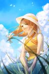  1girl absurdres akechi_(826988799) animification bangs between_legs breasts brown_eyes cloud english_commentary exy_(wjsn) grass hand_between_legs hat highres k-pop light_smile looking_ahead medium_breasts orange_hair parted_bangs real_life sitting sky smile solo sun_hat tank_top white_headwear wjsn yellow_tank_top 