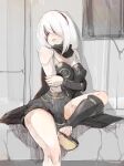  1girl bangs black_blindfold black_footwear black_hairband blindfold boots breasts cosplay gravity_daze hair_between_eyes hairband kitten_(gravity_daze) kitten_(gravity_daze)_(cosplay) knee_boots large_breasts mole mole_under_mouth nier_(series) nier_automata red_scarf scarf sitting solo tomamatto vambraces white_hair yorha_no._2_type_b 