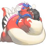  2022 ambiguous_gender anthro belly big_belly generation_9_pokemon hand_on_stomach koraidon legendary_pokemon morbidly_obese morbidly_obese_ambiguous morbidly_obese_anthro nintendo obese obese_ambiguous obese_anthro overweight overweight_ambiguous overweight_anthro pokemon pokemon_(species) simple_background solo utsuki_maito video_games white_background white_belly 