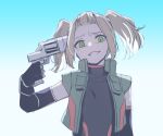  black_gloves black_shirt blue_background brown_hair crazy_smile elbow_gloves finger_on_trigger forehead gloves gradient gradient_background green_eyes green_jacket gun gun_to_head holding holding_gun holding_weapon jacket looking_at_viewer mizuki_riko open_clothes open_jacket shania_(xenoblade) shirt short_sleeves twintails upper_body weapon white_background xenoblade_chronicles_(series) xenoblade_chronicles_3 